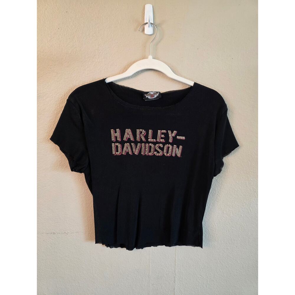 Harley Davidson Double Mesh Semi-Sheer Black Embellished Top Baby Tee